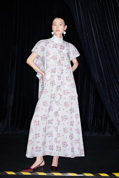 M essential Mackay designer Jinghe Printing floral nail bead puff sleeve dress - HAPPY.