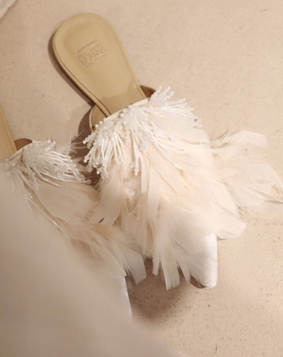 B-FEI White rhinestone feather slippers-ANDY.