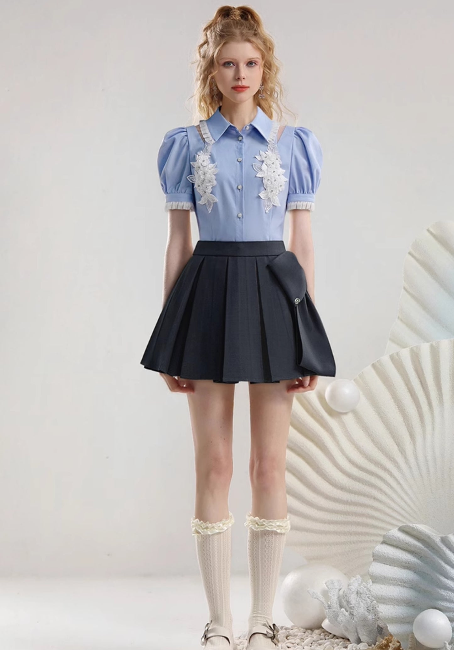 CHECOCRE Stubble sweet girly flower puff sleeve cutout sexy blue top - JOSHUA.
