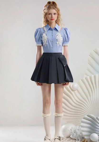 CHECOCRE Stubble sweet girly flower puff sleeve cutout sexy blue top - JOSHUA.