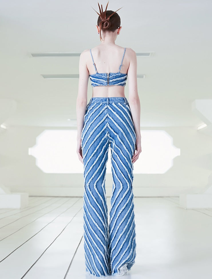 ANNAKIKI fractal shooting star raw edge denim bell bottoms-YAMEN.