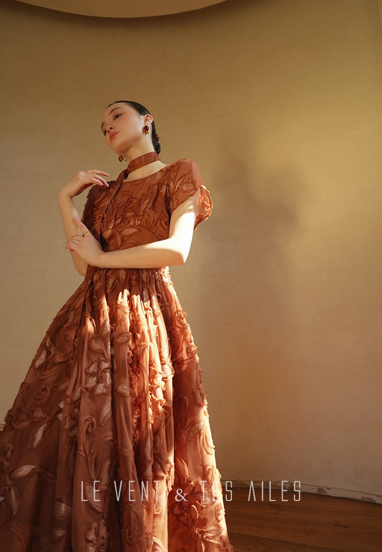 LE VENT&TES AILES Luxury French Disc Embroidered Sequin 3d Vintage brown Dress - LINA