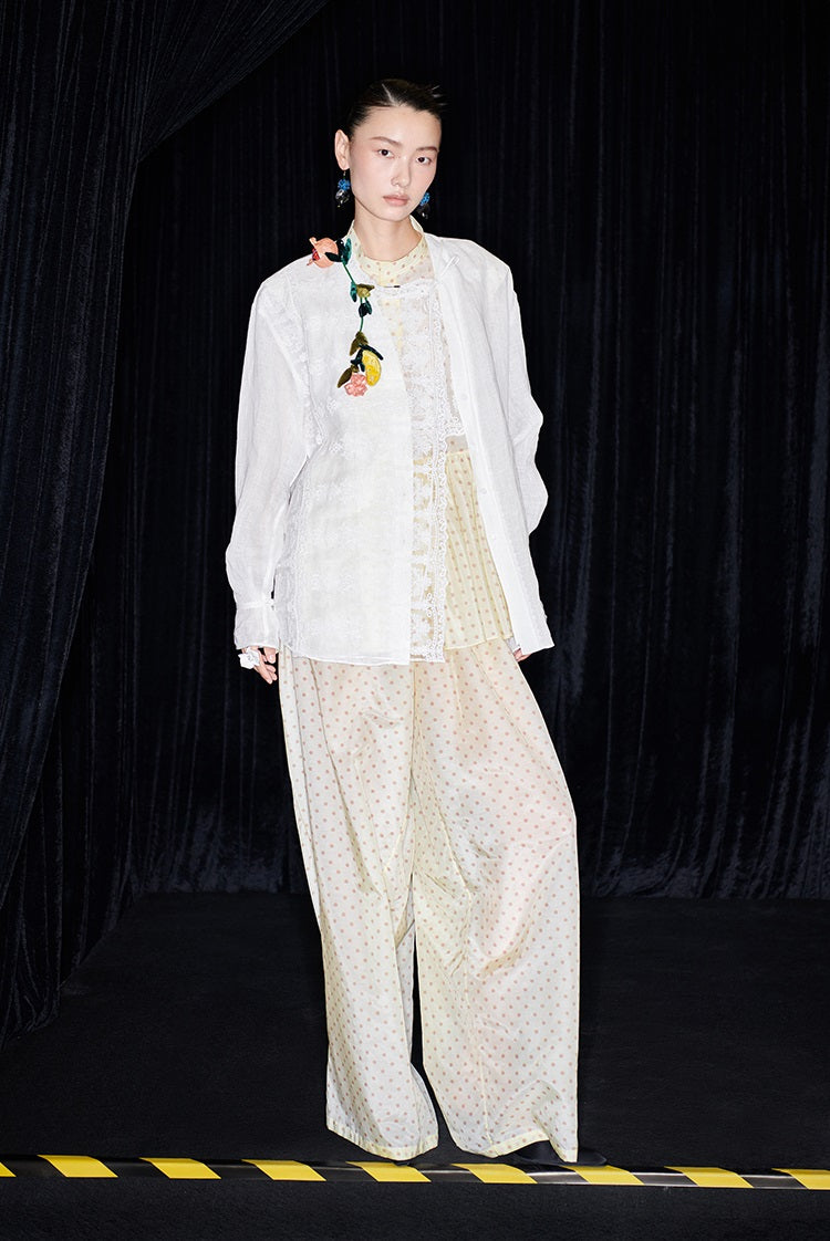 M essential Mackay designer polka dot silk cotton elasticated wide-leg trousers - YVONE.