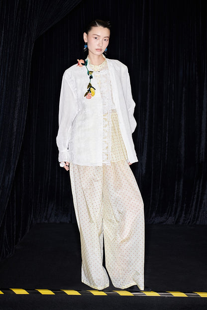 M essential Mackay designer polka dot silk cotton elasticated wide-leg trousers - YVONE.