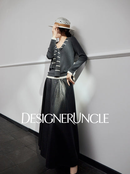 DGU| Dark Gray Striped Bow Tie Niche Design Retro Gentle Commuter Top - Antonio.