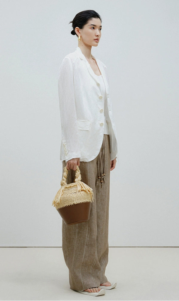 ZHUCHONGYUN loose-fitting striped beaded belted linen trousers-WILLOW.