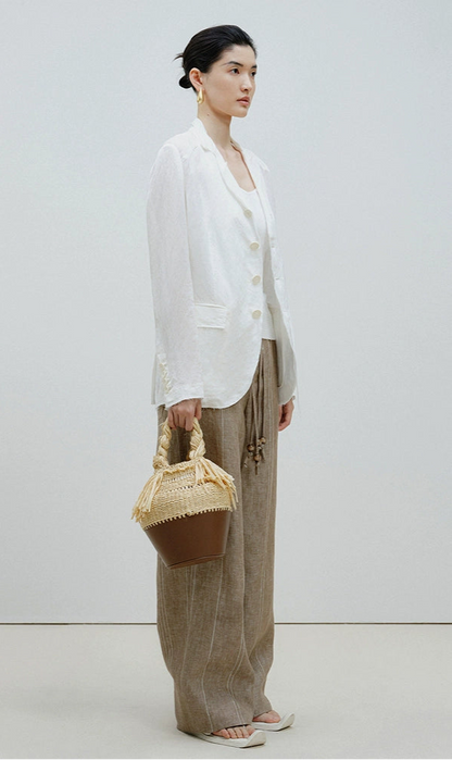 ZHUCHONGYUN loose-fitting striped beaded belted linen trousers-WILLOW.