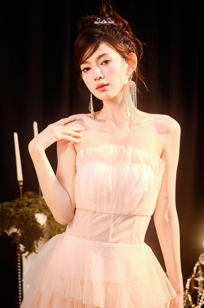 DOLLY Luxury Peach Pink French Style Tube Top Sleeveless High Waist Prom Dress-PEACHES