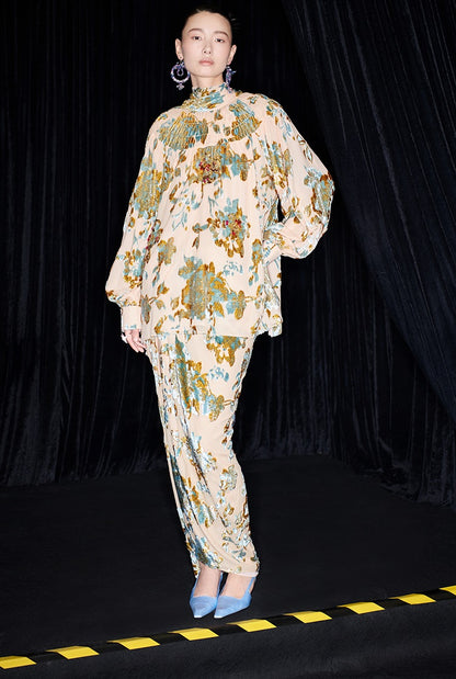 M essential Mackay designer Qili burnt floral velvet dense pleated lace-up loose top - PETER.