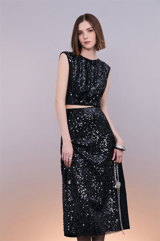 PURITY HIGH-END CHIC sequins sleeveless top skirt set- Raye