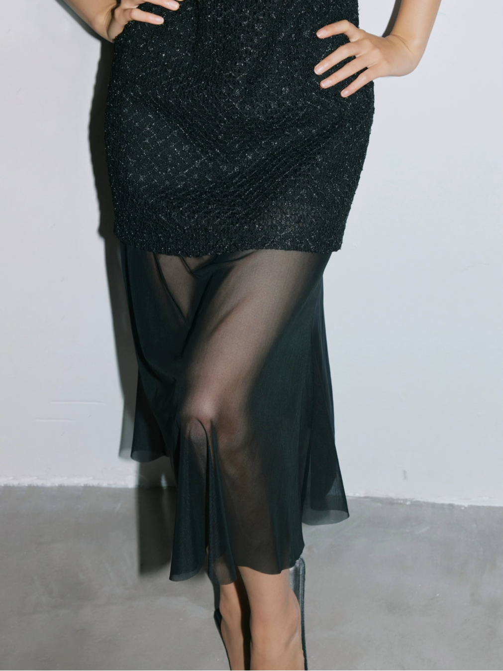 Sushe Dark Urban Party silver tweed mesh sleeveless dress-AVA