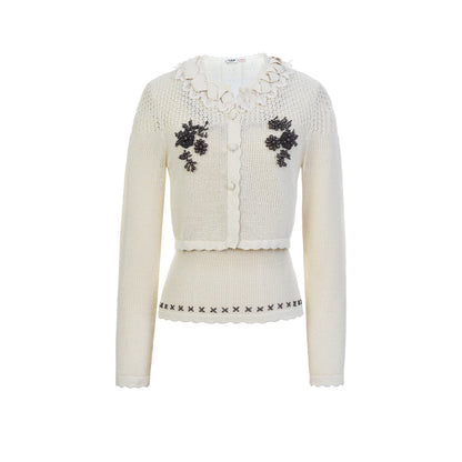 FAME three-dimensional flower beaded two-piece knitted cardigan top - HELEN.