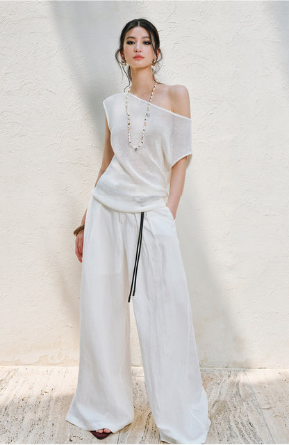 WANGXO |Linen Delicate Knit Slant Shoulder Top & Tailored Straight Pants with Airy Elegance Suit Set -RAYA