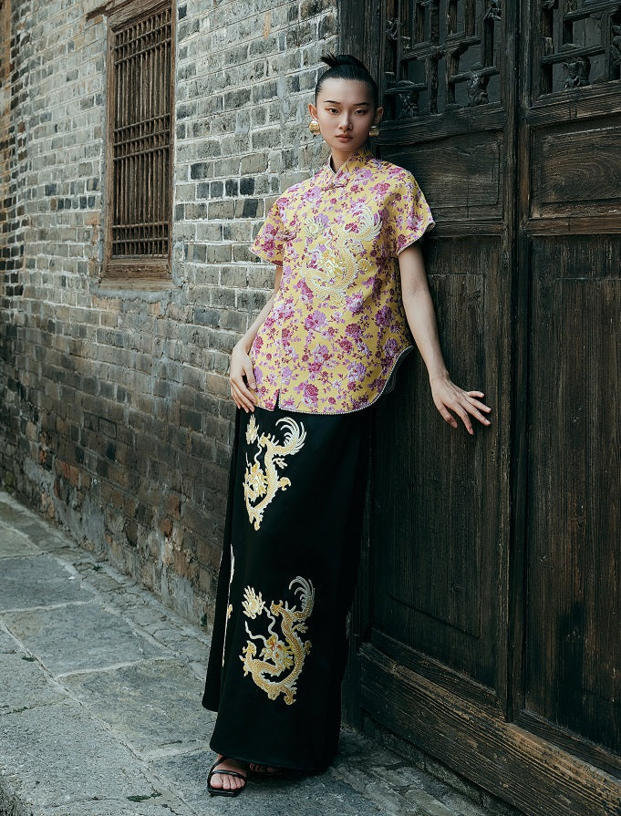 HECO Chinese style golden dragon embroidery short-sleeved placket buttoned shirt - QAND.