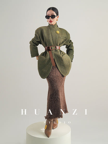 Huanzi high-end retro autumn and winter 100% wool waist suit jacket - Cassie