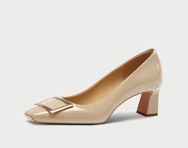 pjjuu French R white V block metal square buckle high heels  - BIRTH