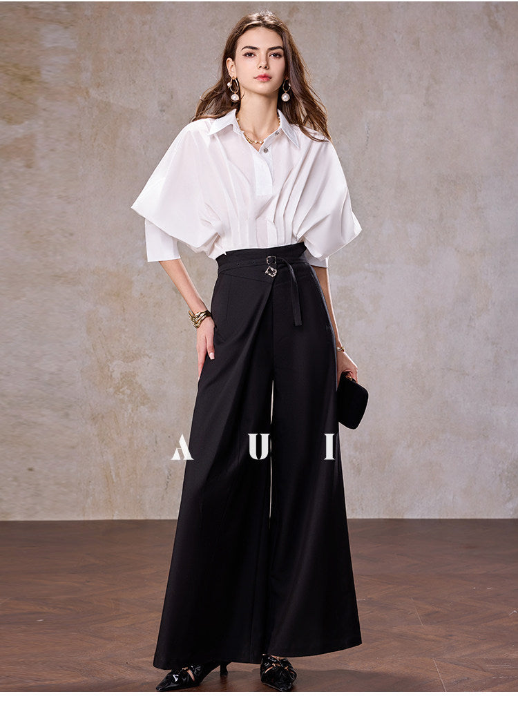 AUI design sense irregular polo collar blue shirt long sleeve top - RESORT.