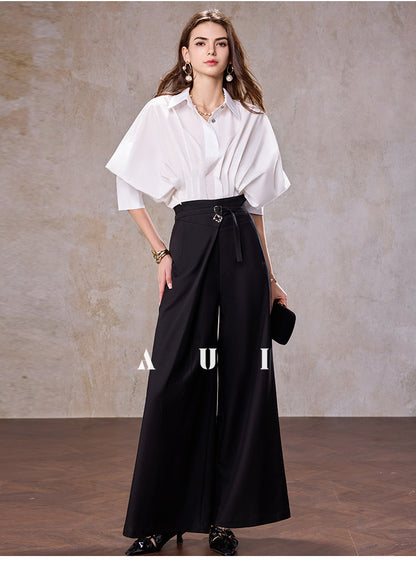 AUI design sense irregular polo collar blue shirt long sleeve top - RESORT.