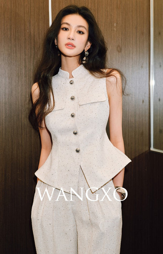 WANGXO | Silver Classic Tweed Vest & Straight-Leg Pants Suit - LYRA.