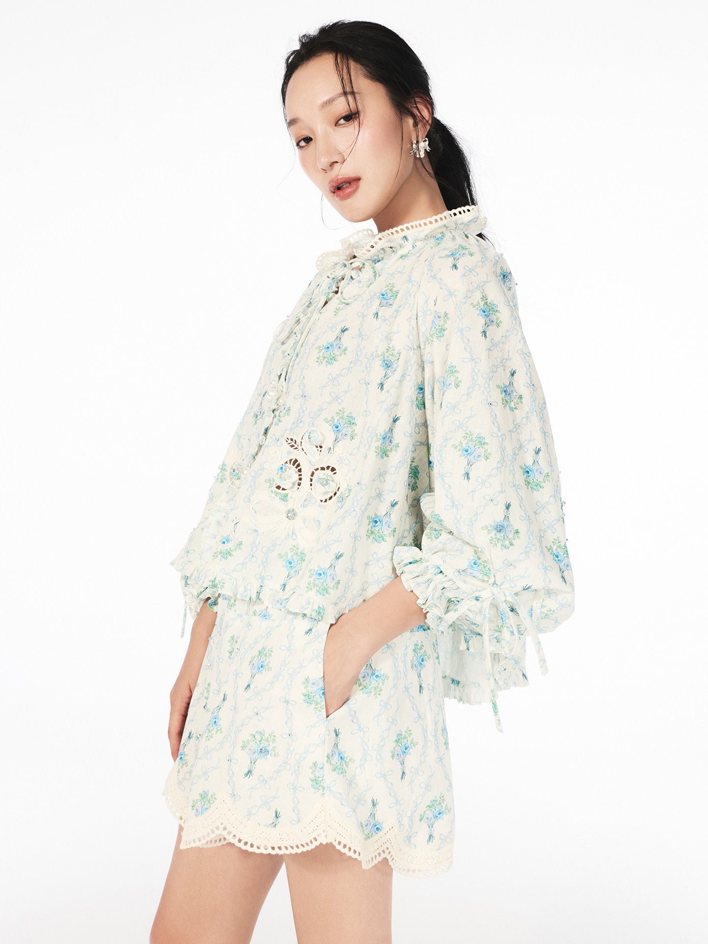FAME printed disc rope bead embroidered ruffled cutout top - MARCUS