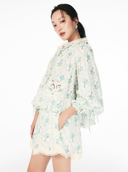 FAME printed disc rope bead embroidered ruffled cutout top - MARCUS