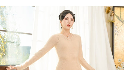 Magic Q beige V-neck cutout versatile slim fishtail knit autumn winter dress - Avra