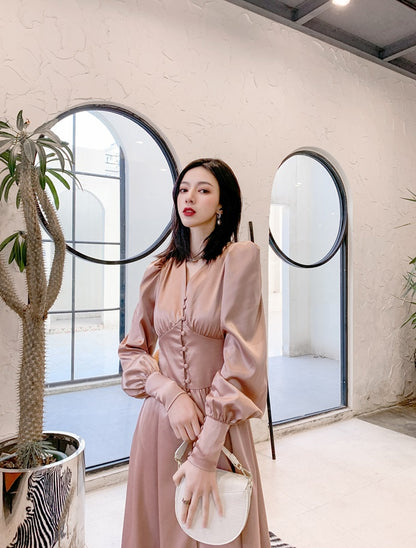 DOLLY Elegant V-Neck Long Lantern Sleeve Long Button Church Dress-NANA