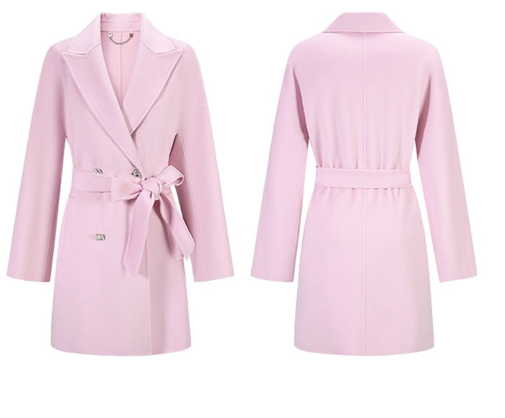 CHICHY Cashmere Classic Pink Reversible Woolen Lace-up Midi Length Coat-GINRO