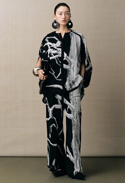 ZHUCHONGYUN V-neck knitted short-sleeved top and pant outfit set-DING.