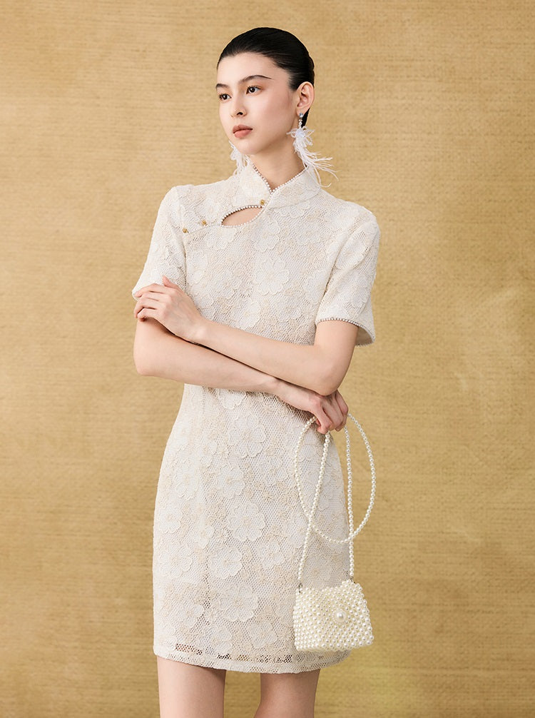 HECO Chinese style short-sleeved embossed flower summer cut-out short dress- TEMIRO.