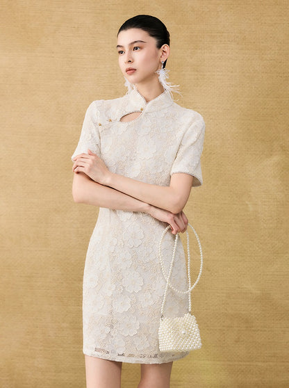 HECO Chinese style short-sleeved embossed flower summer cut-out short dress- TEMIRO.