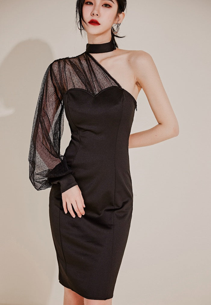 DOLLY Elegant Black One Shoulder Mesh Puff Long Sleeve Slim Fit Dinner Dress-AGNES