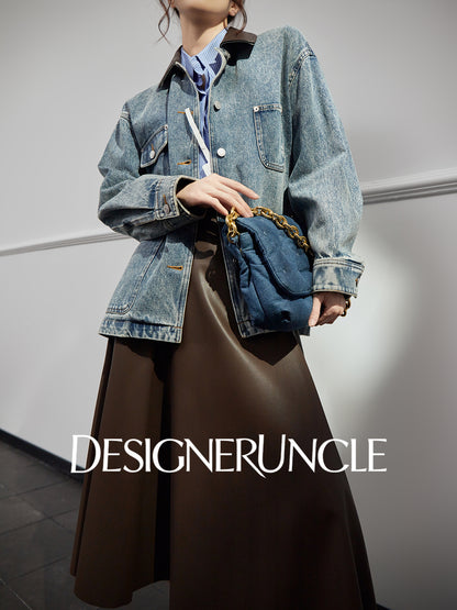 DGU "Qingyan" denim blue short jacket retro loose and versatile slimming top - Robert.