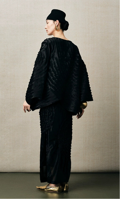 ZHUCHONGYUN oriental black round spiral pleated long slit straight skirt--HUNTER.