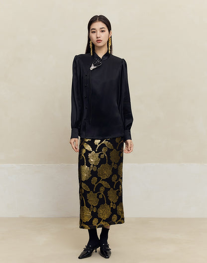 HECO 100% mulberry silk black Cut Flower Silk Skirt Women - power.