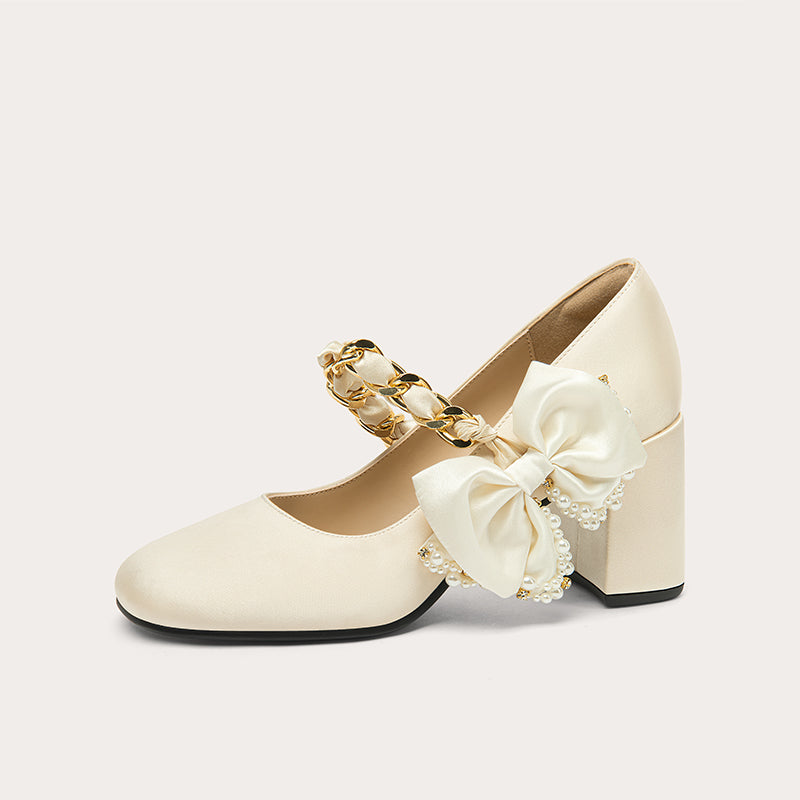 Lily Wei sweet white shallow shoes square toe bow shoes - ELEANOR