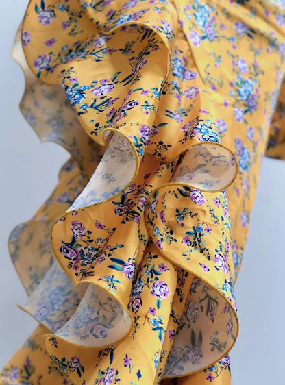 DOLLY Elegant Slant Collar Long Puff Sleeve Hollow Irregular Ruffled Hem Dress-KIERA