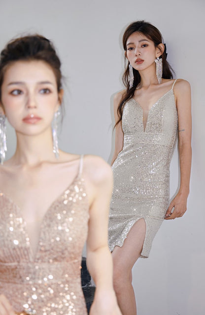 DOLLY Elegant Deep V-Neck Sleeveless Sequin Long Slim Fit Evening Dress-IVONNE