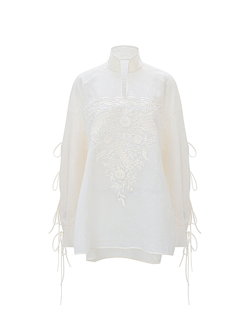 M essential Mackay designer soft-paper pale overshirt with pavement embroidery - serious.