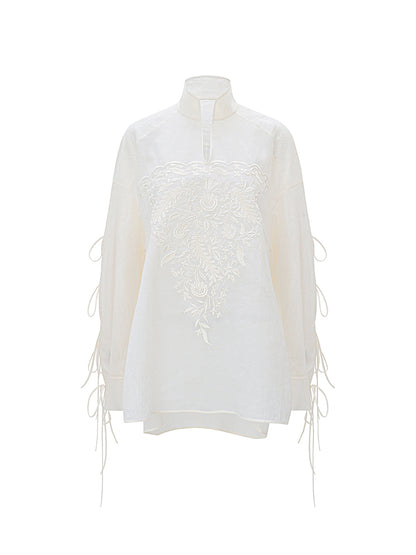 M essential Mackay designer soft-paper pale overshirt with pavement embroidery - serious.