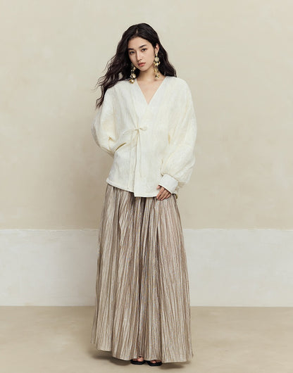 HECO striped texture swing high waist black green women's long skirt - muse.