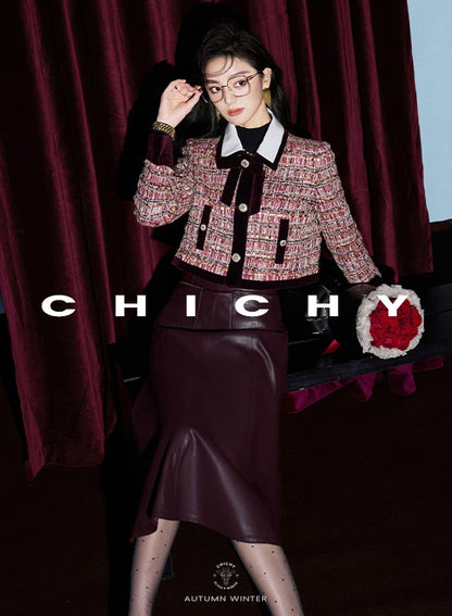 CHICHY retro socialite dark red leather long skirt-DAN