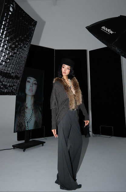 MEI SANGUAN Fur Collar Batwing Wool Sweater- JESSE