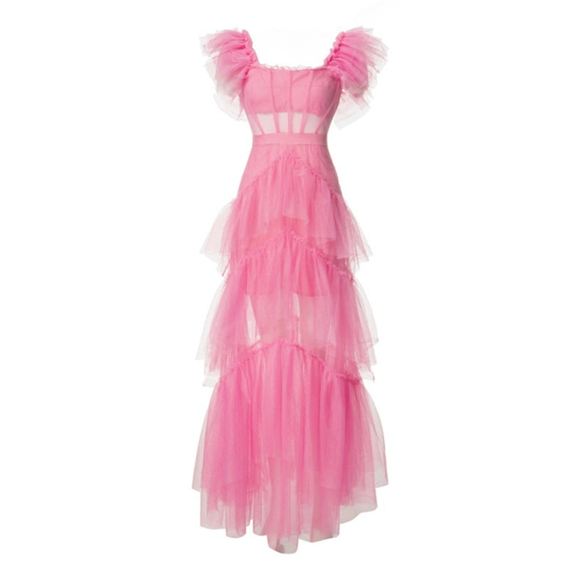 DOLLY High End Square Collar Short Ruffle Sleeves High Waist French Style Dress-MARIANA