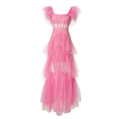 DOLLY High End Square Collar Short Ruffle Sleeves High Waist French Style Dress-MARIANA