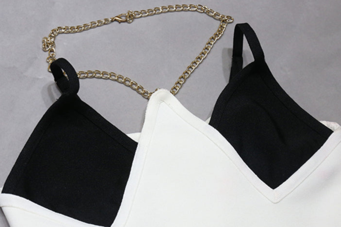 DOLLY High End Black and Brown V-Neck Sleeveless Bandage Midi Date Dress-MO