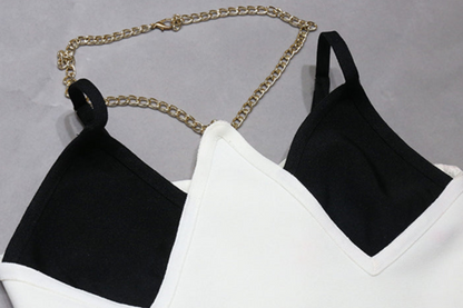 DOLLY High End Black and Brown V-Neck Sleeveless Bandage Midi Date Dress-MO