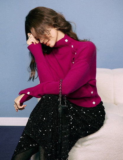 CHICHY Western-style turtleneck knitted sweater retro rose red inner top-AKAGI
