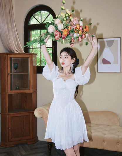 DOLLY Elegant Square Collar Short Sleeve Corset Top Backless Midi A-Line Dress-GISELA