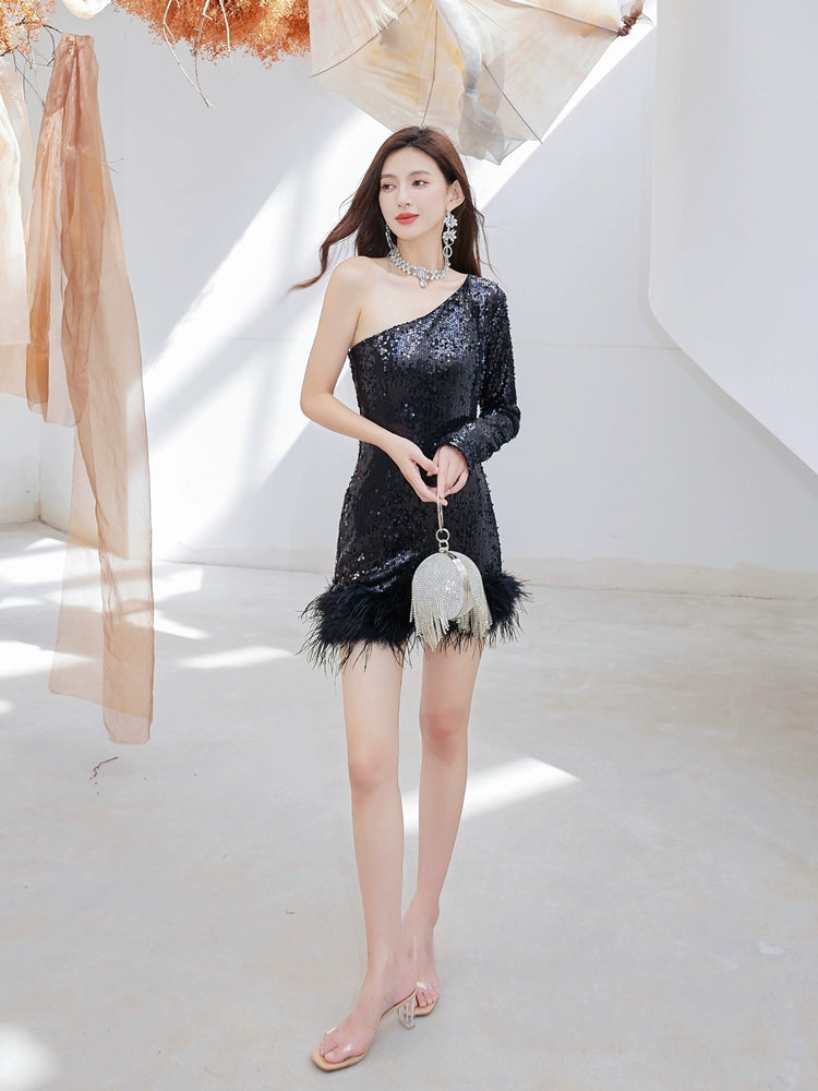 DOLLY Luxury Black Slopping Shoulder Long Sleeve Short Feather Dress-CAITTRIONA